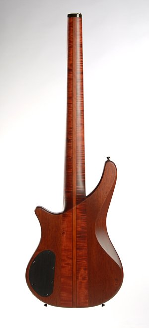 5-saitiger headless E-Bass. Ansicht des ganzen Instruments von hinten. Gitarrenbaumeister: Thomas Ochs, Kemmern.